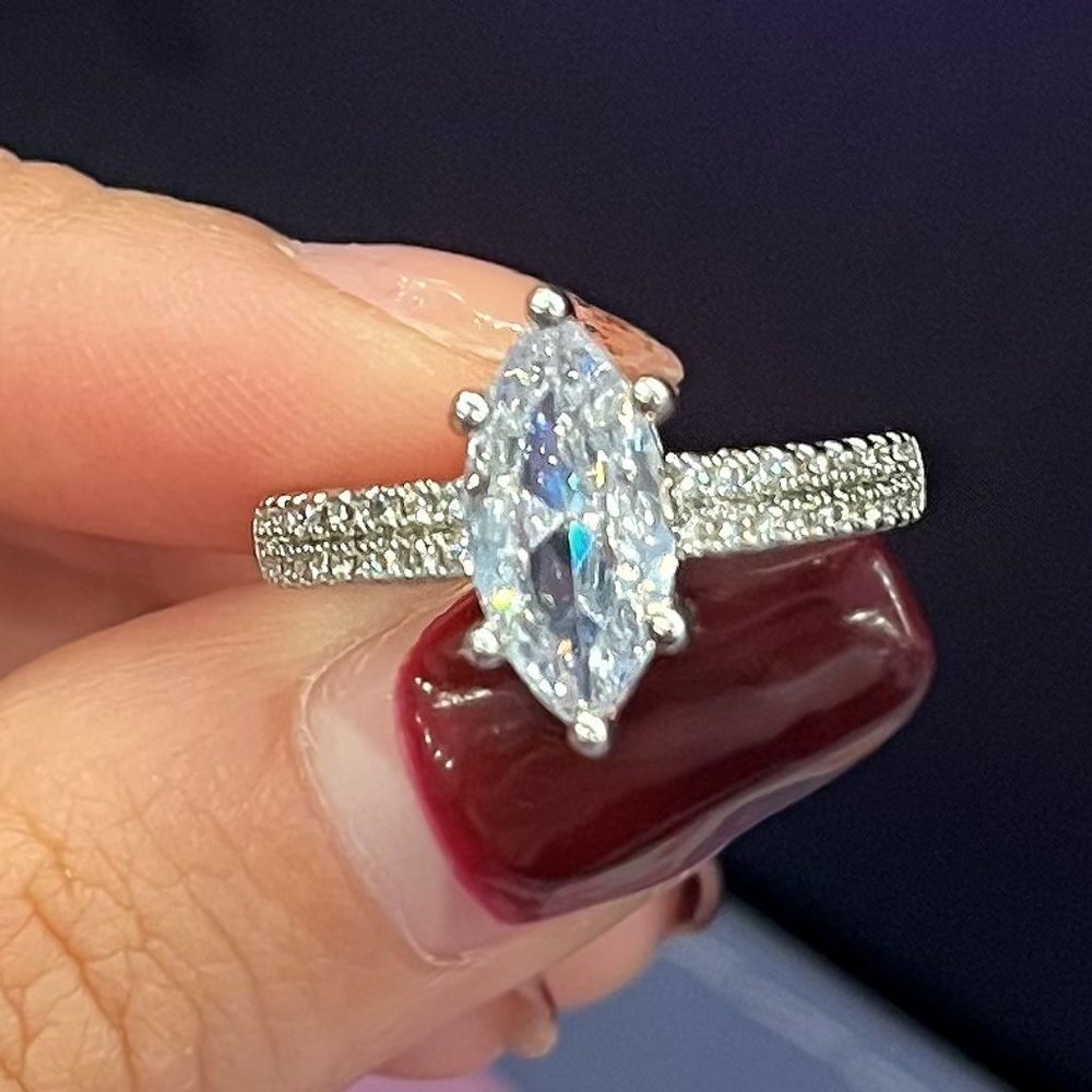 🎀 925 Silver Plated Marquise CZ Engage Band Rings for Women, HA4449-6